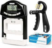 Load image into Gallery viewer, Handeful electronic hand dynamometer set with adjustable spring hand gripper, digital grip strength tester and hand exerciser combo for fitness training and hand rehabilitation, isolated on white background.