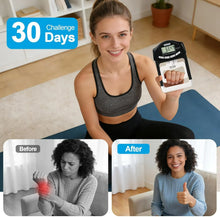 Load image into Gallery viewer, Handeful electronic hand dynamometer 30-day challenge infographic with before-and-after comparison, showing improved grip strength and relief from wrist pain after consistent training, ideal for hand rehabilitation and fitness goals.
