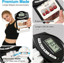 Load image into Gallery viewer, Handeful electronic hand dynamometer infographic highlighting premium build quality, adjustable grip width for all hand sizes, ergonomic handle design, and large LCD screen, ideal for grip strength testing, fitness training, and hand rehabilitation.
