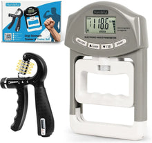Load image into Gallery viewer, Handeful grip strength trainer and tester set including electronic hand dynamometer and adjustable spring hand gripper, complete product kit with packaging box on white background.

