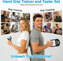 Load image into Gallery viewer, Hand grip trainer and tester set infographic showing diverse users (seniors, office workers, athletes) using the adjustable hand gripper and electronic dynamometer for grip training and strength tracking in daily life, work, and fitness scenarios, with the slogan "Unleash Your Potential!".

